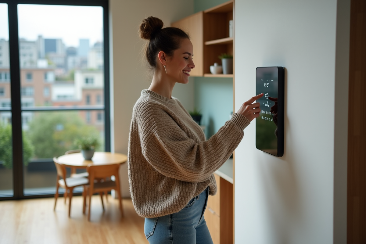 Femme souriante utilisant un panneau de contrôle domotique
