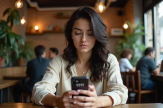 Femme contemplant le chiffre 11h11 sur son smartphone dans un café, illustrant les synchronicités et les signes de l'univers
