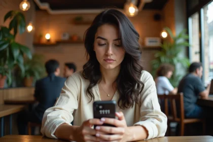 Femme contemplant le chiffre 11h11 sur son smartphone dans un café, illustrant les synchronicités et les signes de l'univers