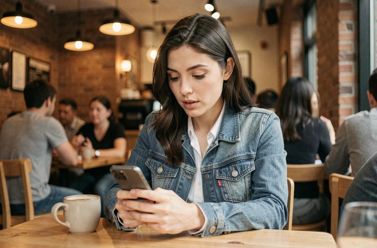 Femme consultant son smartphone dans un café urbain pour trouver une adresse mise à jour en 2026
