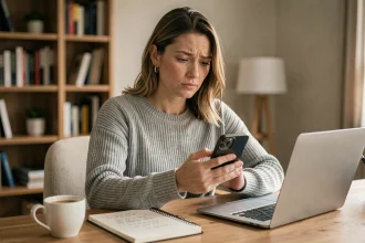 Femme tenant un smartphone affichant un indicatif international +44 à son bureau à domicile