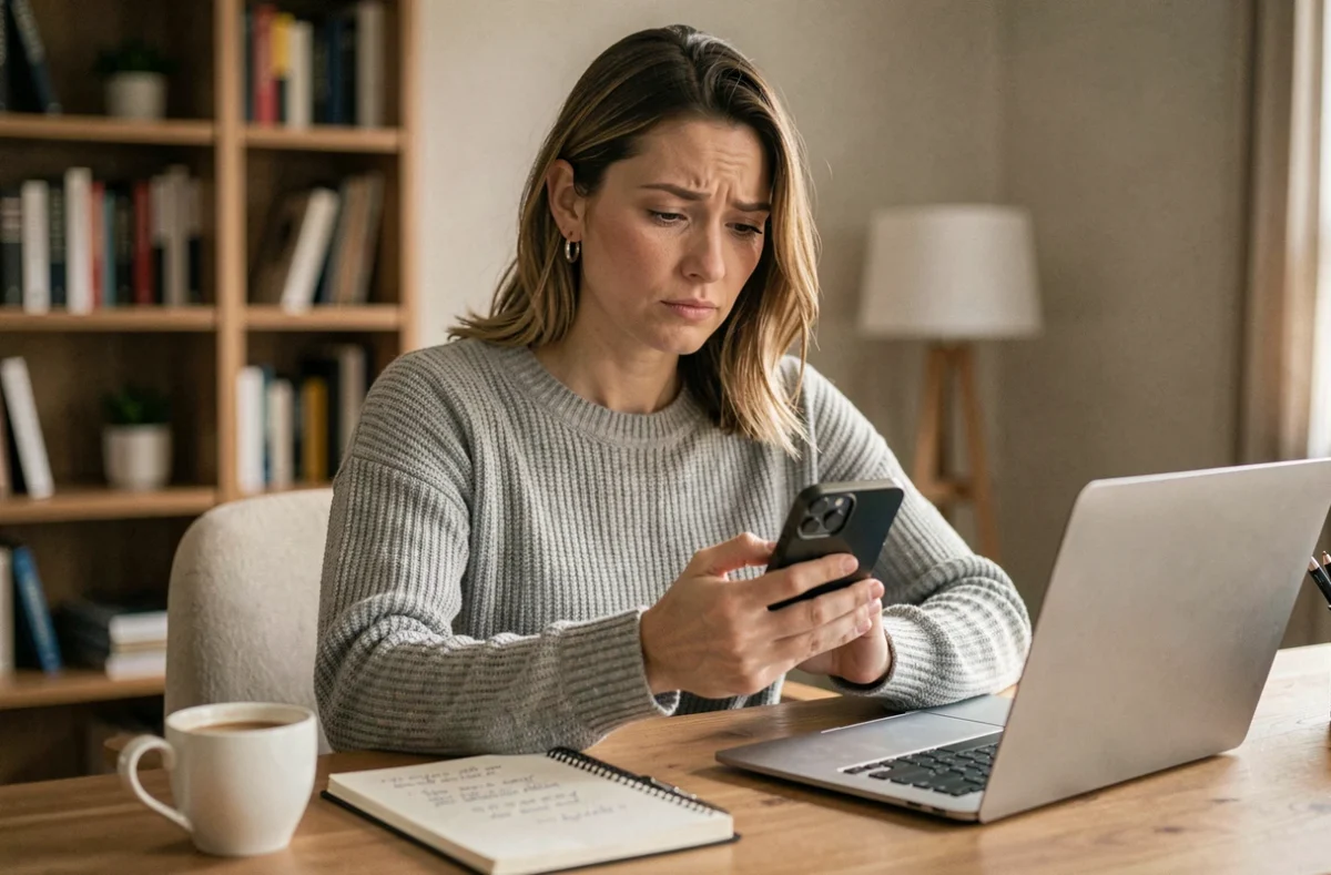 Femme tenant un smartphone affichant un indicatif international +44 à son bureau à domicile