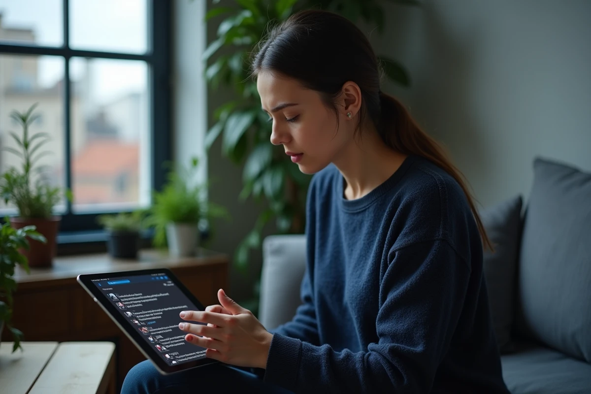 Femme tenant une tablette affichant un site de téléchargement de fichiers torrent dans un salon moderne