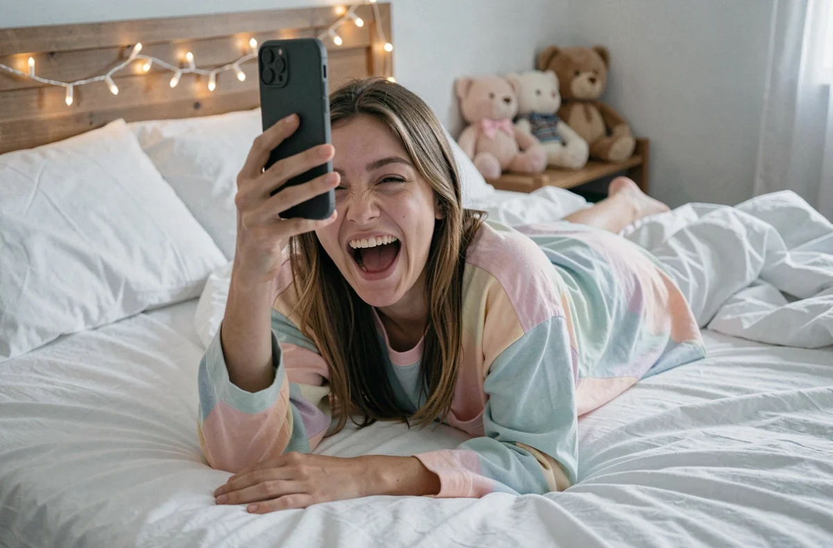 Jeune femme allongée sur son lit en train de rire d'un mème Ed Le Roi Lion sur son téléphone