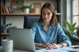 Jeune femme au bureau utilisant son ordinateur portable