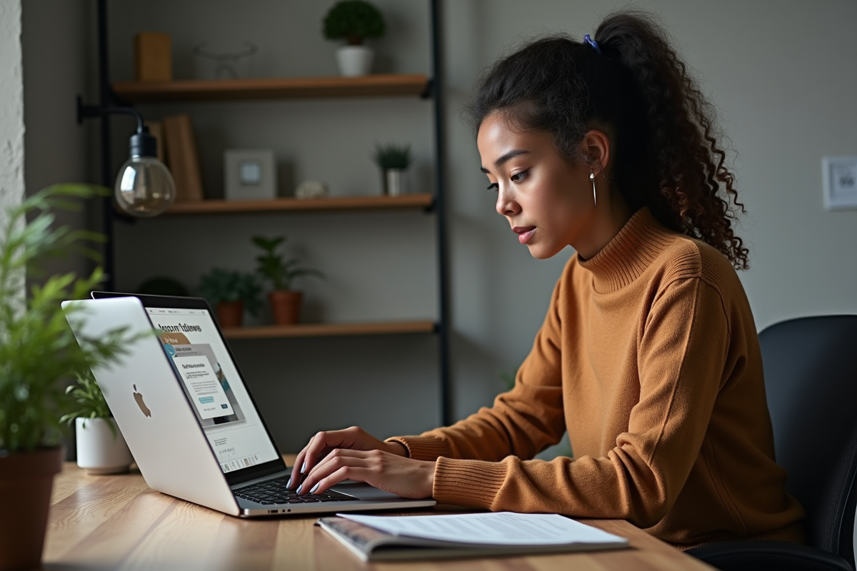Jeune femme au bureau à domicile utilisant un ordinateur