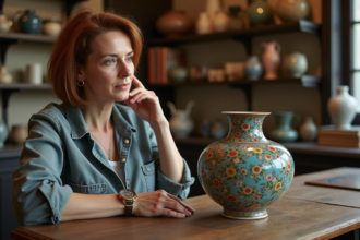 Femme examinant un vase en enamel Longwy dans une boutique parisienne