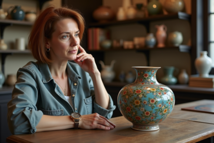 Femme examinant un vase en enamel Longwy dans une boutique parisienne