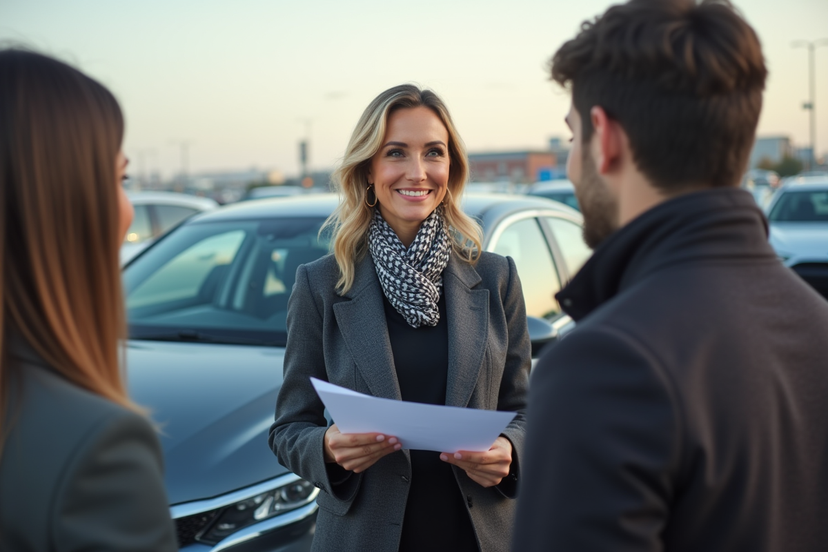 Vendeuse de voitures présentant un véhicule à un couple