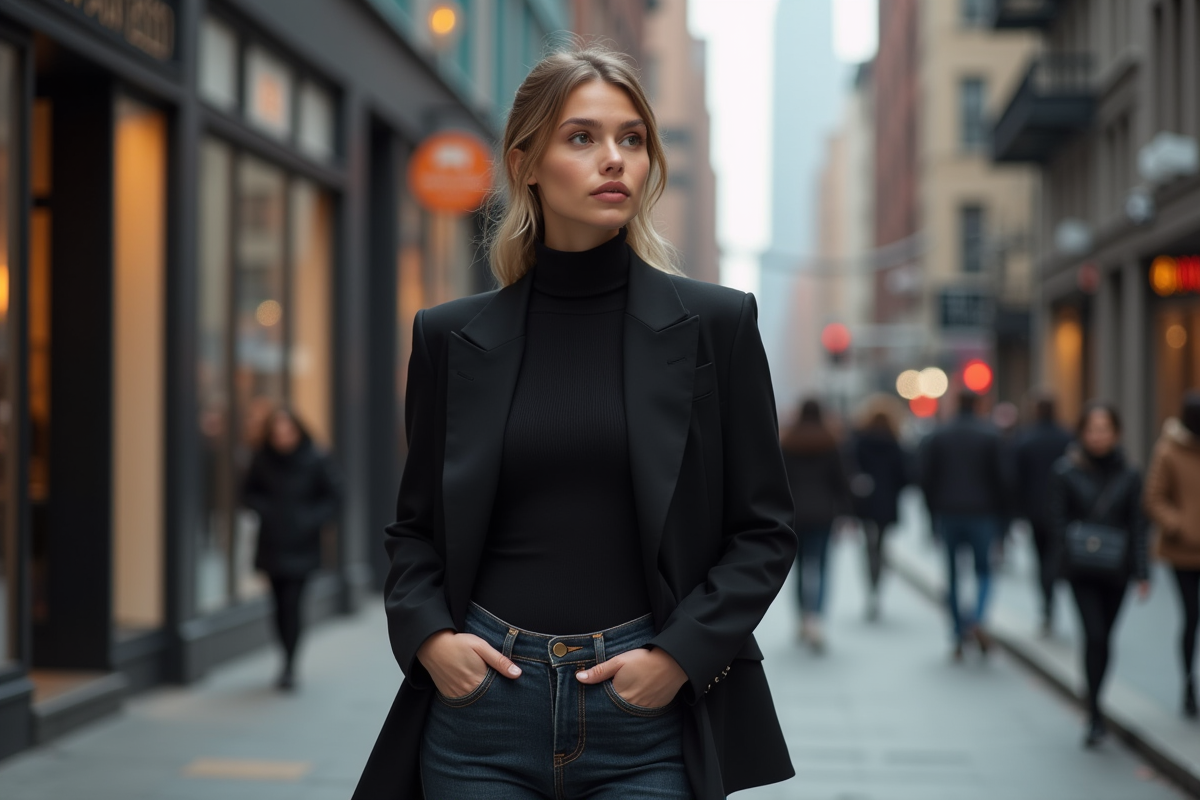 Femme élégante en blazer noir dans la ville