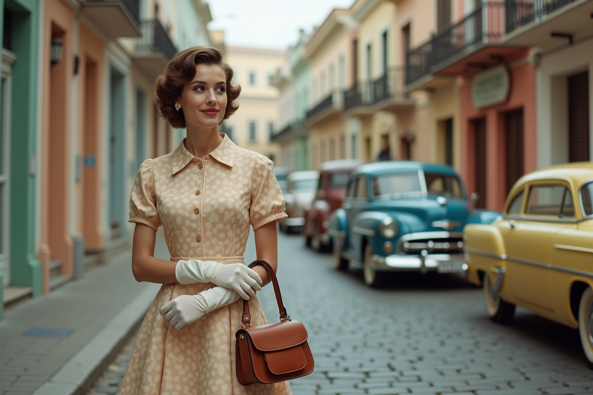 Jeune femme élégante en robe à pois dans une rue animée