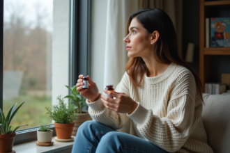 Femme pensant près d'une fenêtre avec vitamine D