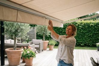 Femme se protégeant du soleil sous une ombrelle sur une terrasse
