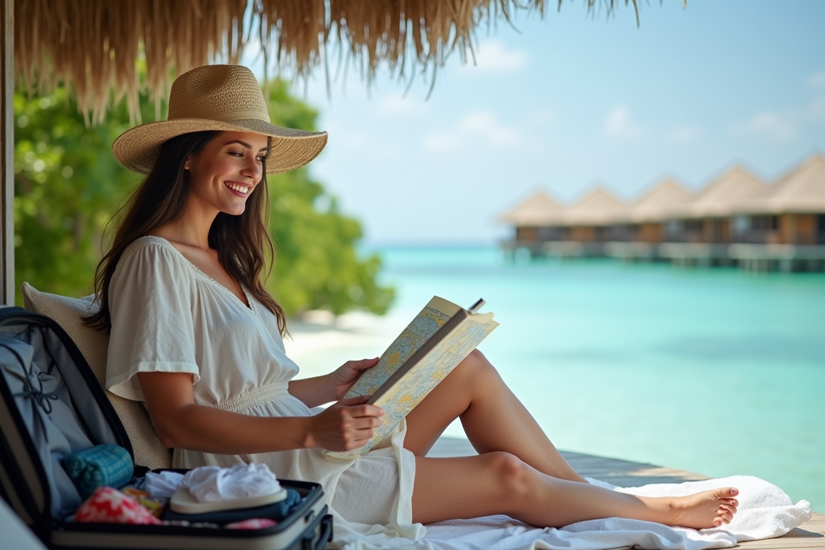 Femme seule planifiant voyage sur terrasse tropicale