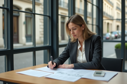Femme en tenue professionnelle examine des documents de zonage dans un bureau municipal