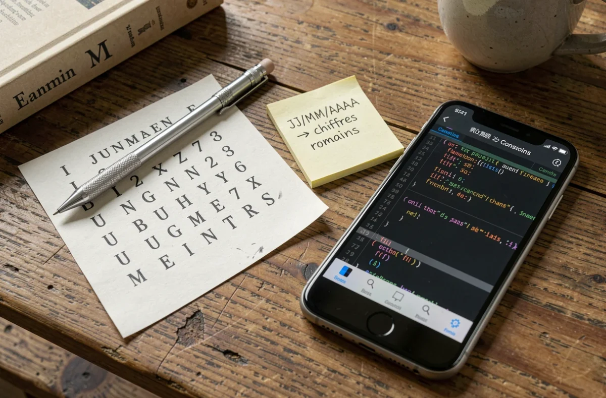 Vue de dessus d'une table avec une fiche de référence des chiffres romains, un crayon et un smartphone affichant du code de conversion de date