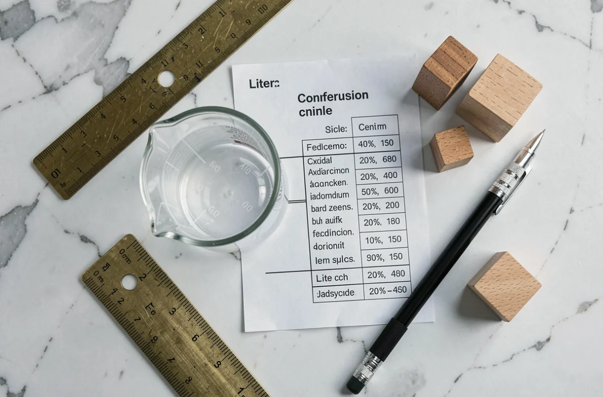 Vue de dessus d'outils de mesure de volume avec règle, bécher gradué en cm³ et tableau de conversion