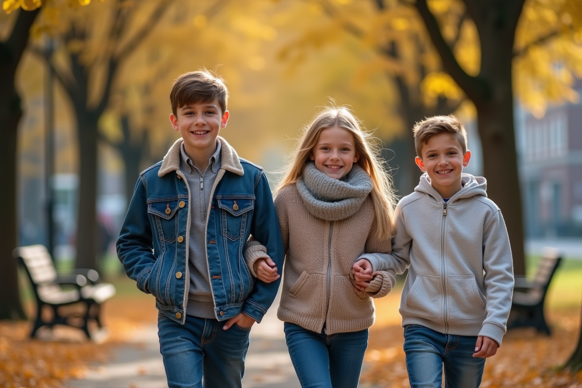 Freres et soeurs marchant dans un parc en automne