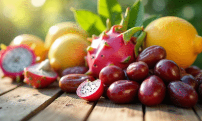 Sélection de fruits d'été avec la lettre D sur une table ensoleillée