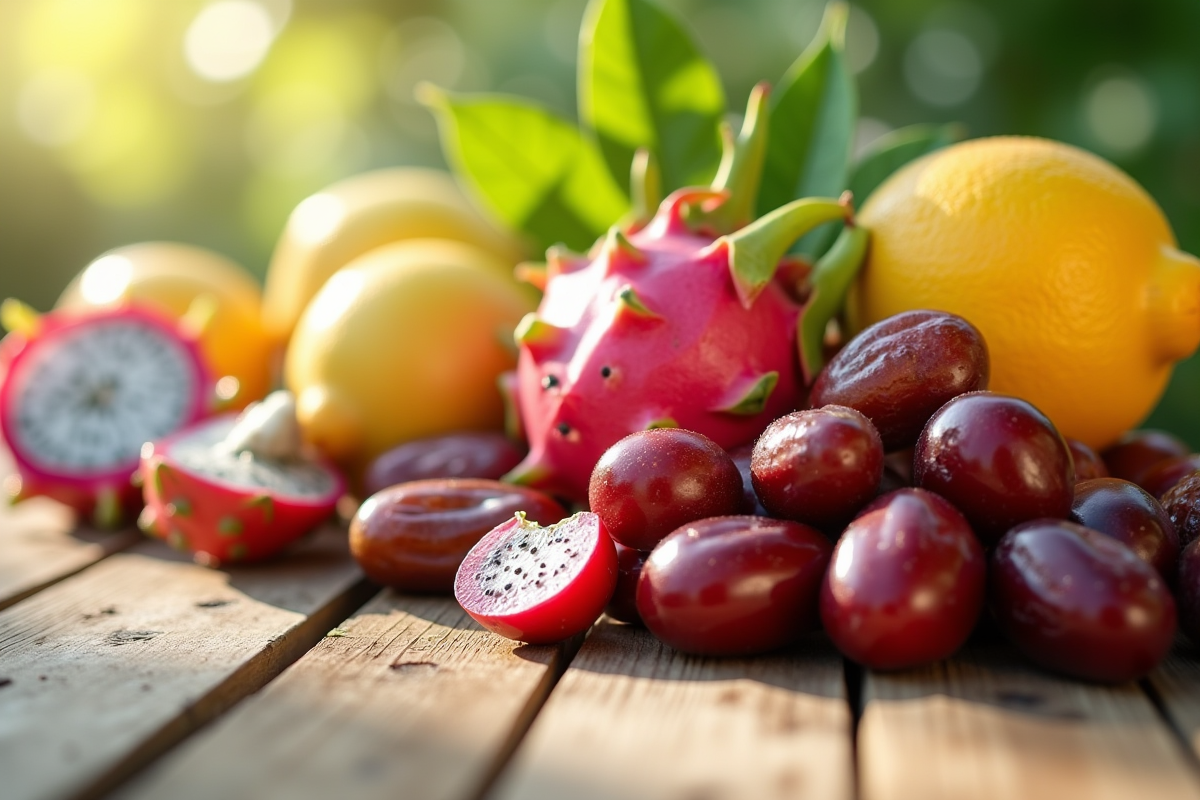 Sélection de fruits d'été avec la lettre D sur une table ensoleillée