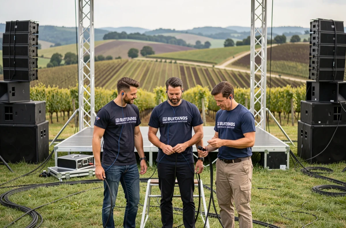 Équipe FTH Music Events en train de monter une scène professionnelle en plein air dans le paysage bourguignon