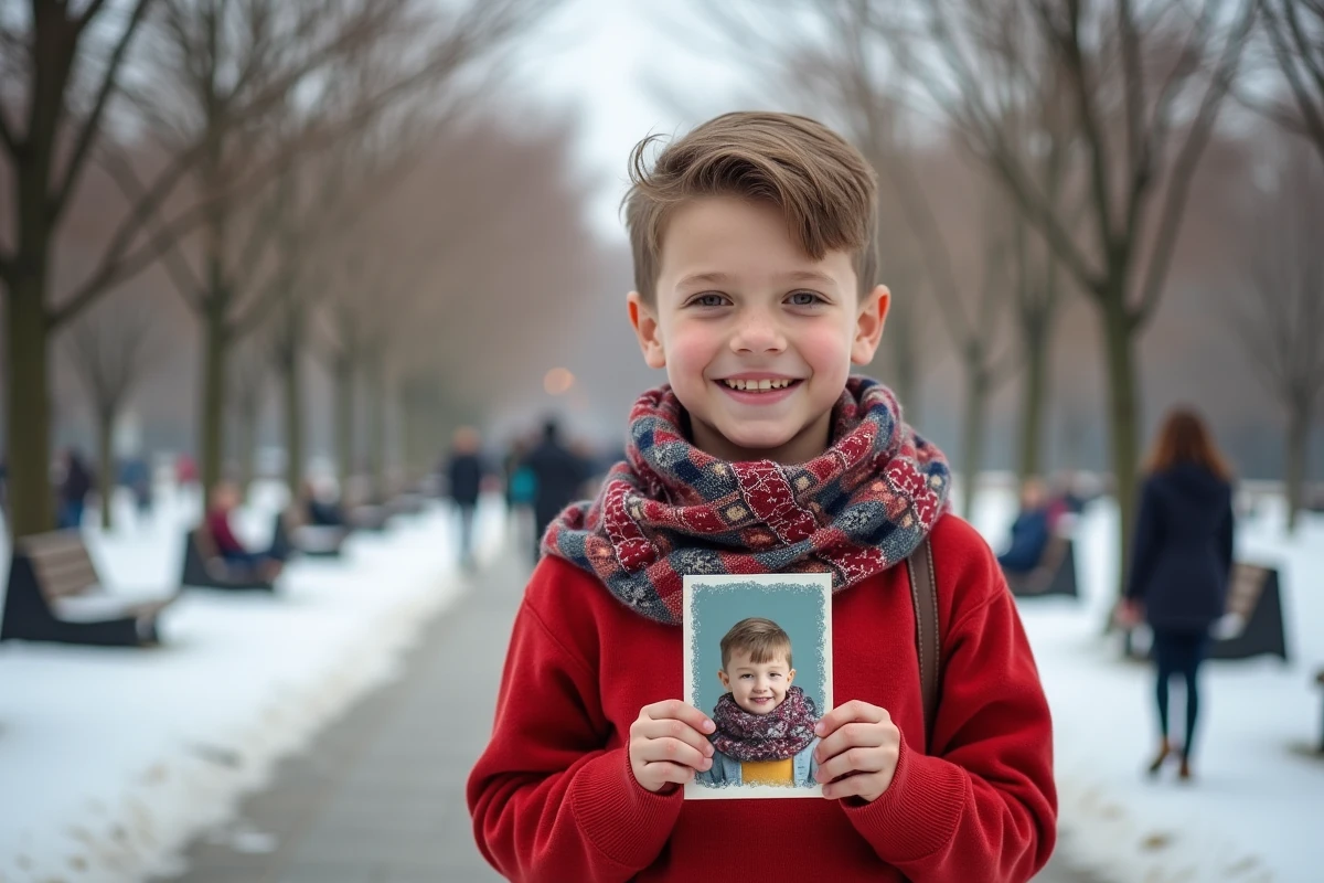 Garcon heureux montrant sa carte de voeux dans un parc en hiver