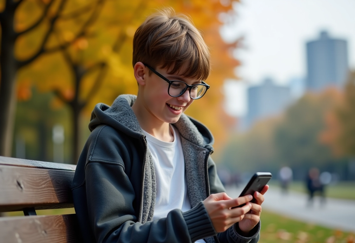 Adolescent avec lunettes utilisant son smartphone dans un parc
