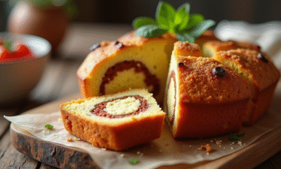 Gâteau chorizo et feta tranché sur table rustique