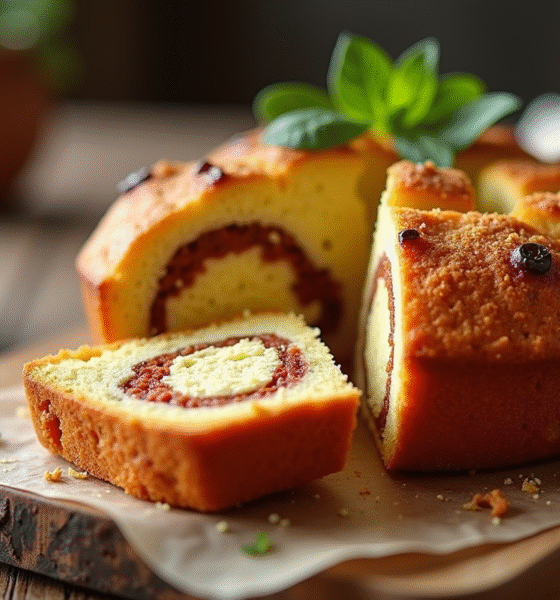 Gâteau chorizo et feta tranché sur table rustique