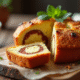 Gâteau chorizo et feta tranché sur table rustique