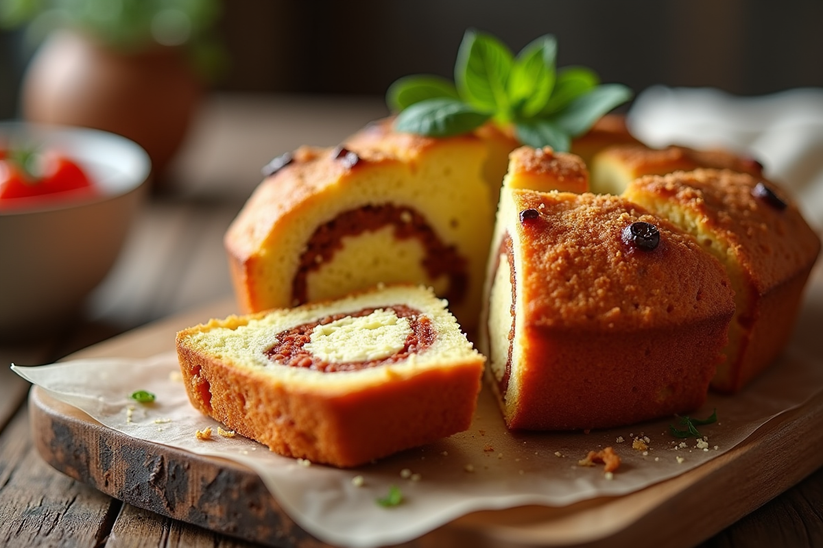Gâteau chorizo et feta tranché sur table rustique