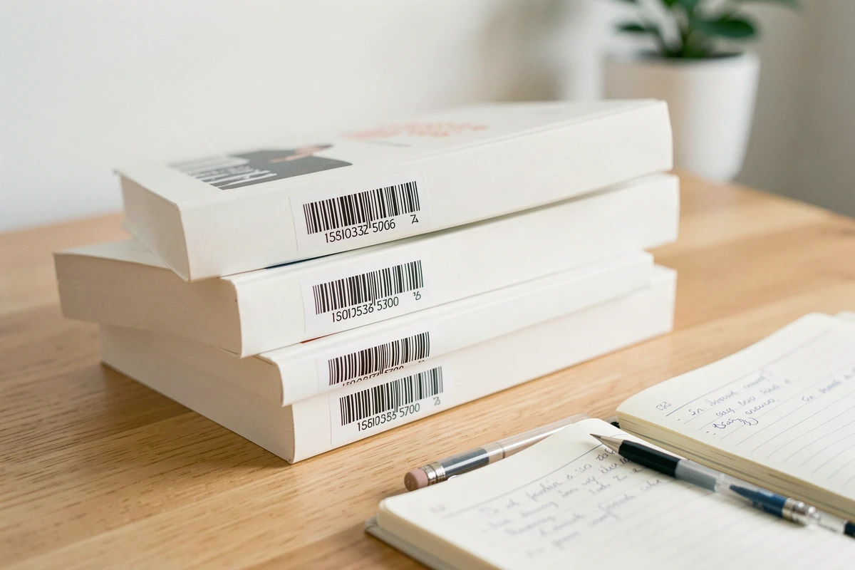 Gros plan sur des codes ISBN imprimés au dos de livres de poche empilés sur un bureau en bois clair