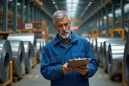 Hommes en veste bleue vérifiant un document dans un entrepôt industriel