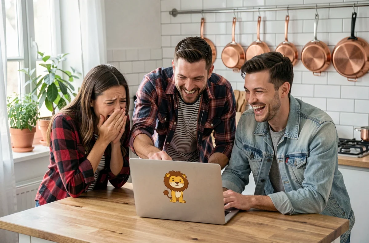 Groupe d'amis qui rient ensemble devant un mème viral du Roi Lion Ed sur un ordinateur portable