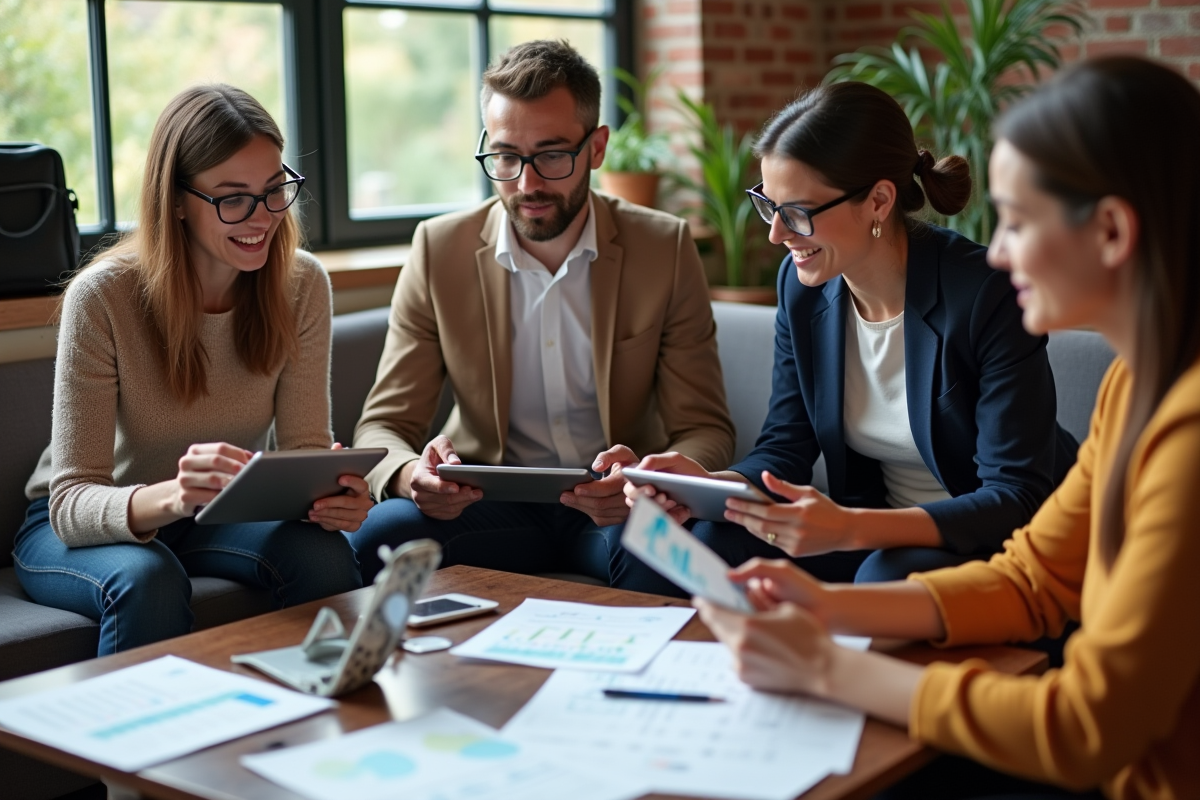 Groupe de trois personnes en discussion dans un espace coworking