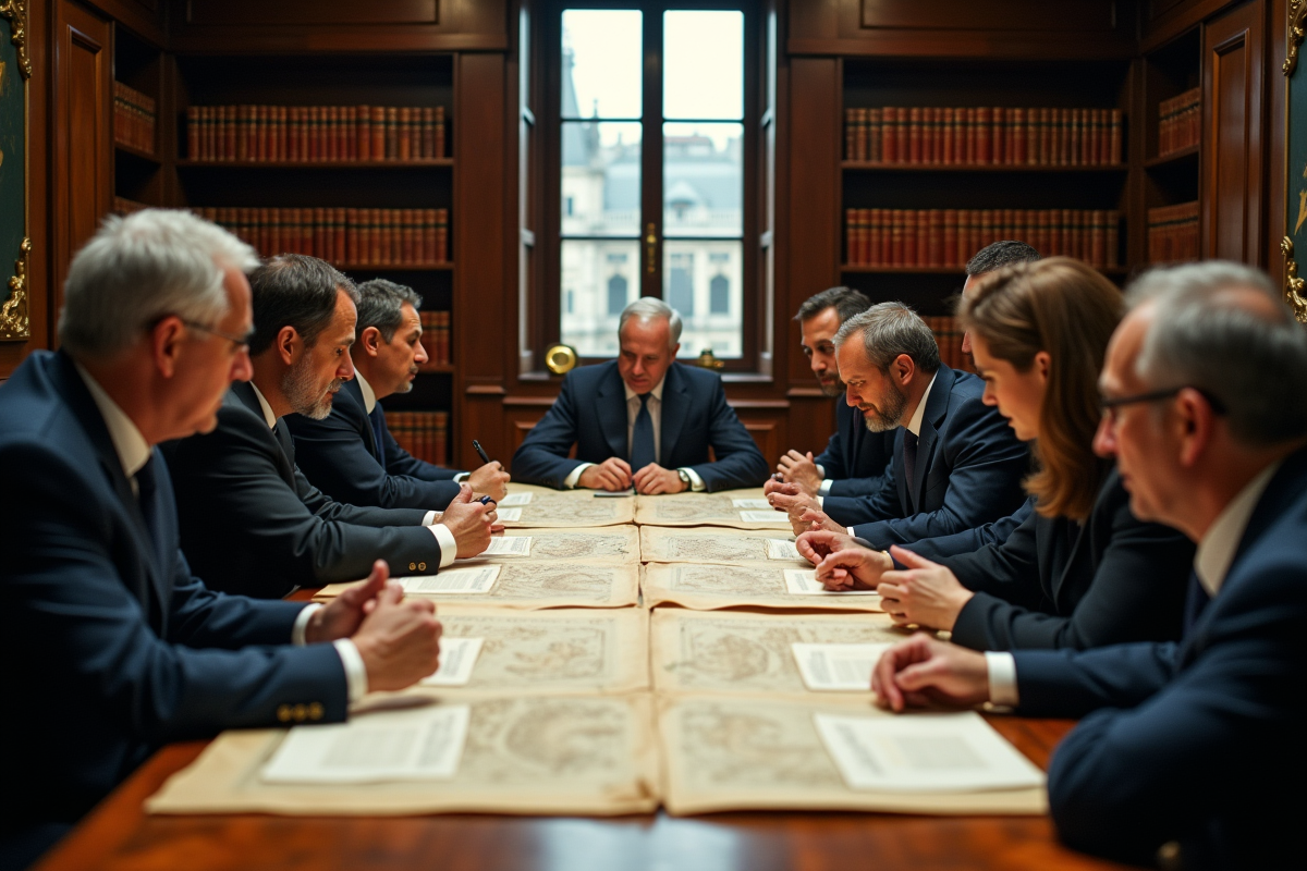 Groupe de personnes en réunion historique en salle élégante
