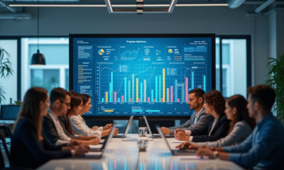 Groupe de professionnels collaborant dans un bureau moderne avec écran digital