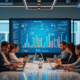 Groupe de professionnels collaborant dans un bureau moderne avec écran digital