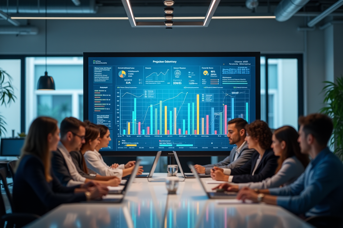Groupe de professionnels collaborant dans un bureau moderne avec écran digital