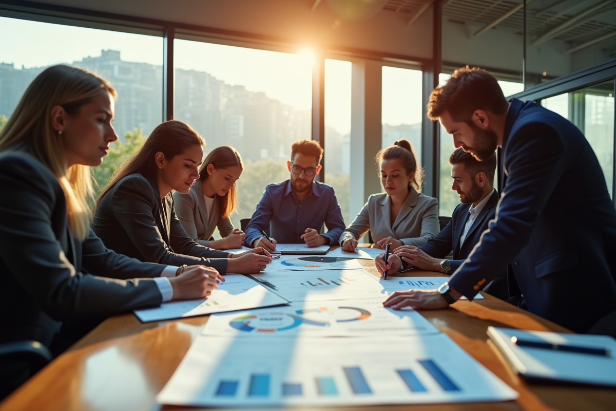 Groupe de professionnels analysant des graphiques financiers