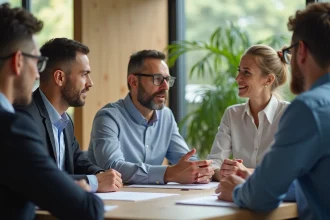 Groupe de collègues divers en réunion de travail en bureau