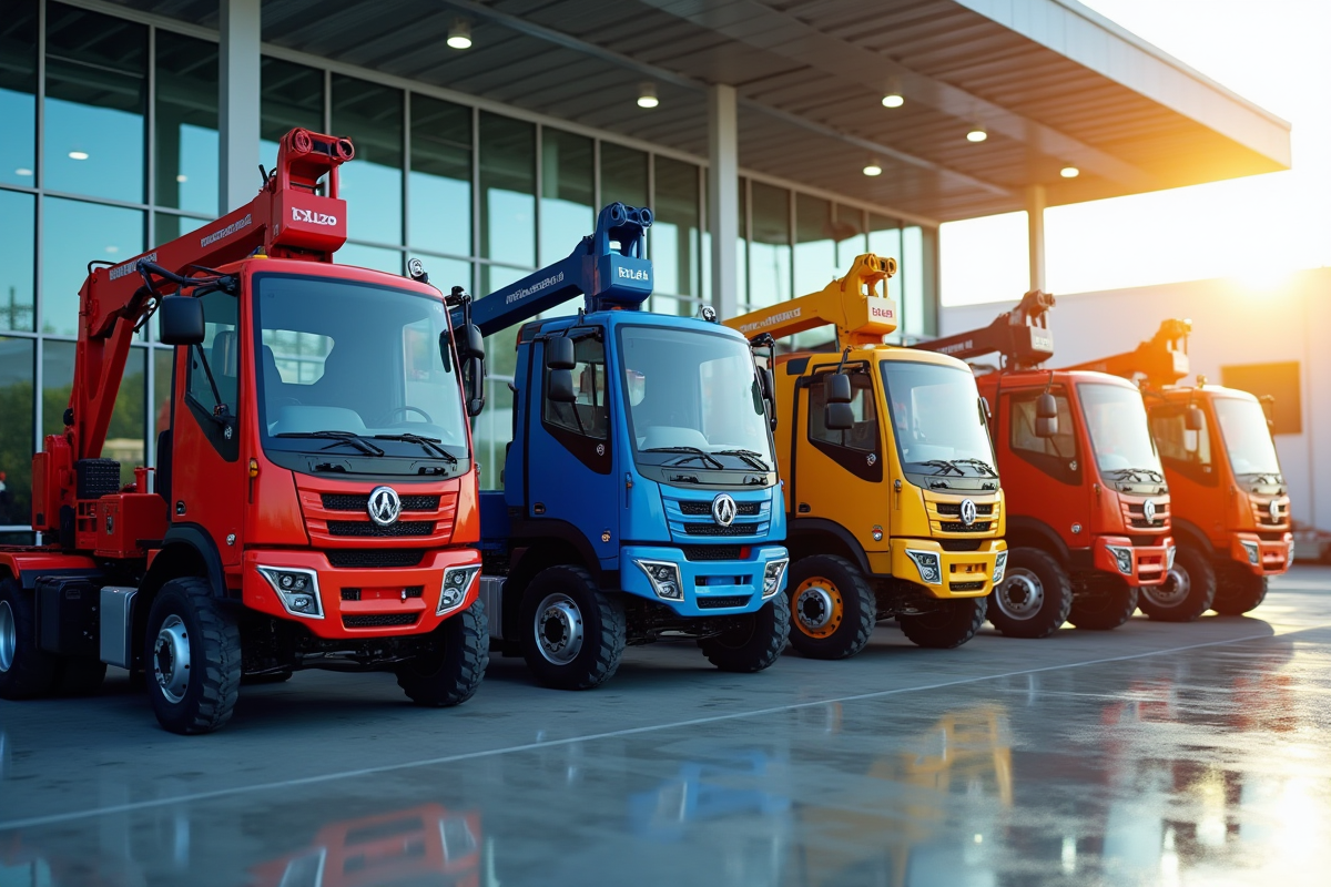 Plusieurs camions 10 tonnes colorés alignés chez un concessionnaire