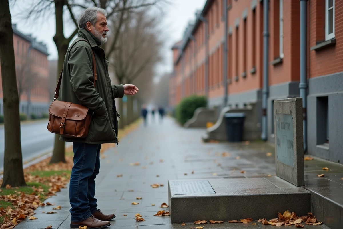 Guide historique devant une dalle de béton marquant l'emplacement du bunker d'Hitler à Berlin, dans le quartier de Mitte en automne