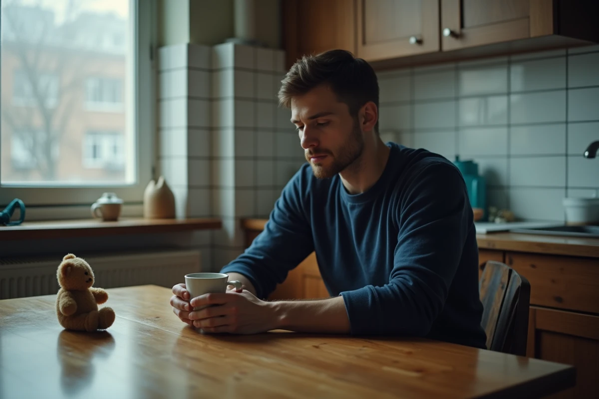 Homme adulte assis à une table de cuisine en bois, contemplant un ourson en peluche vintage posé devant lui, expression nostalgique et pensive liée au besoin de sécurité intérieure