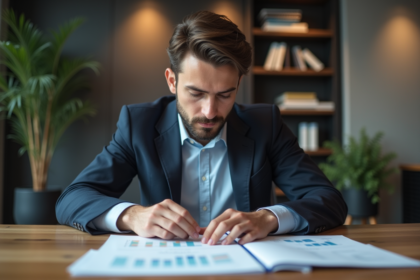Jeune homme d'affaires analysant des graphiques financiers