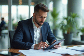 Homme d'affaires en costume bleu examine des documents de prêt