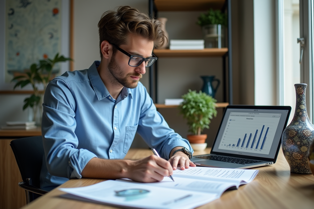 Jeune homme étudiant des vases Longwy dans un bureau moderne