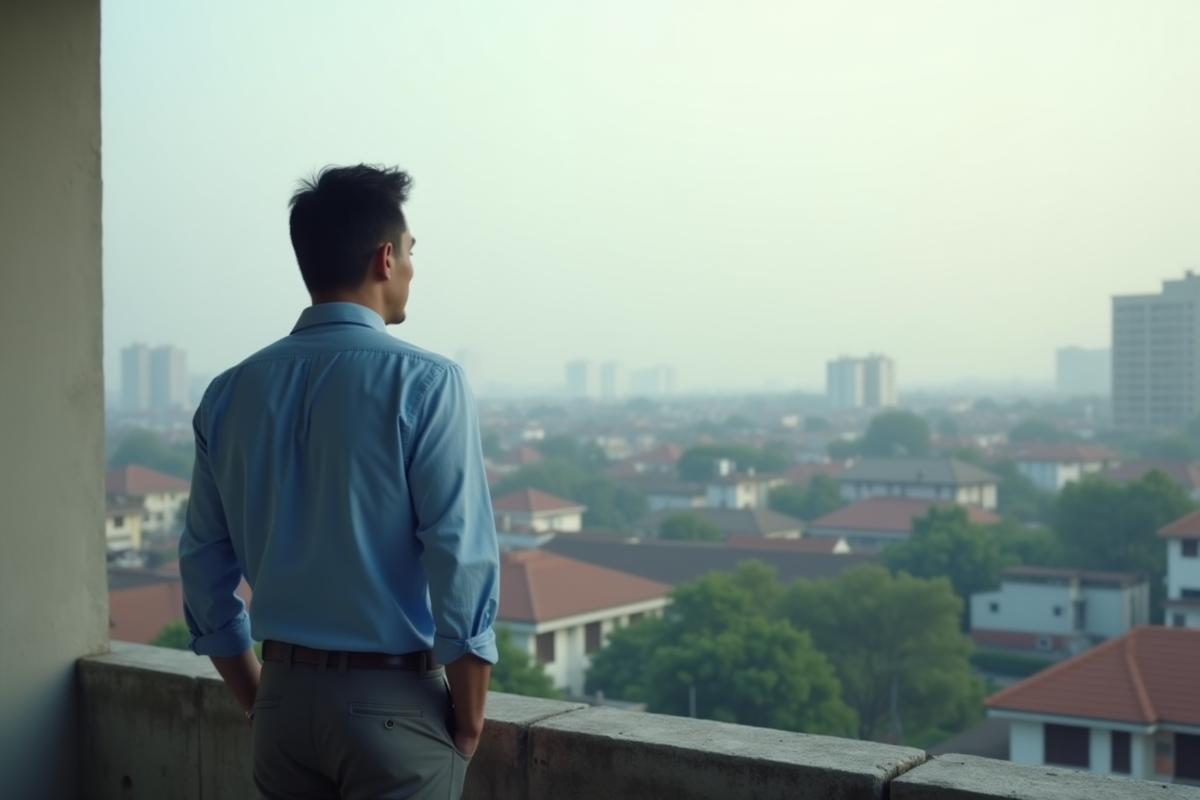 Homme regardant la ville depuis un balcon en matinée