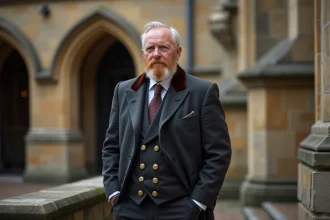 Homme britannique âgé en costume Tudor moderne devant un tribunal