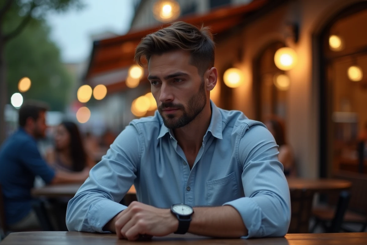 Homme pensif au café en extérieur au crépuscule regardant sa montre